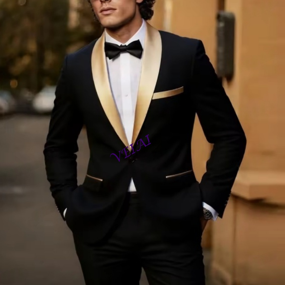 Men'S Grooming Jacket - CustomizedNew Gold Lapel Black Business Men