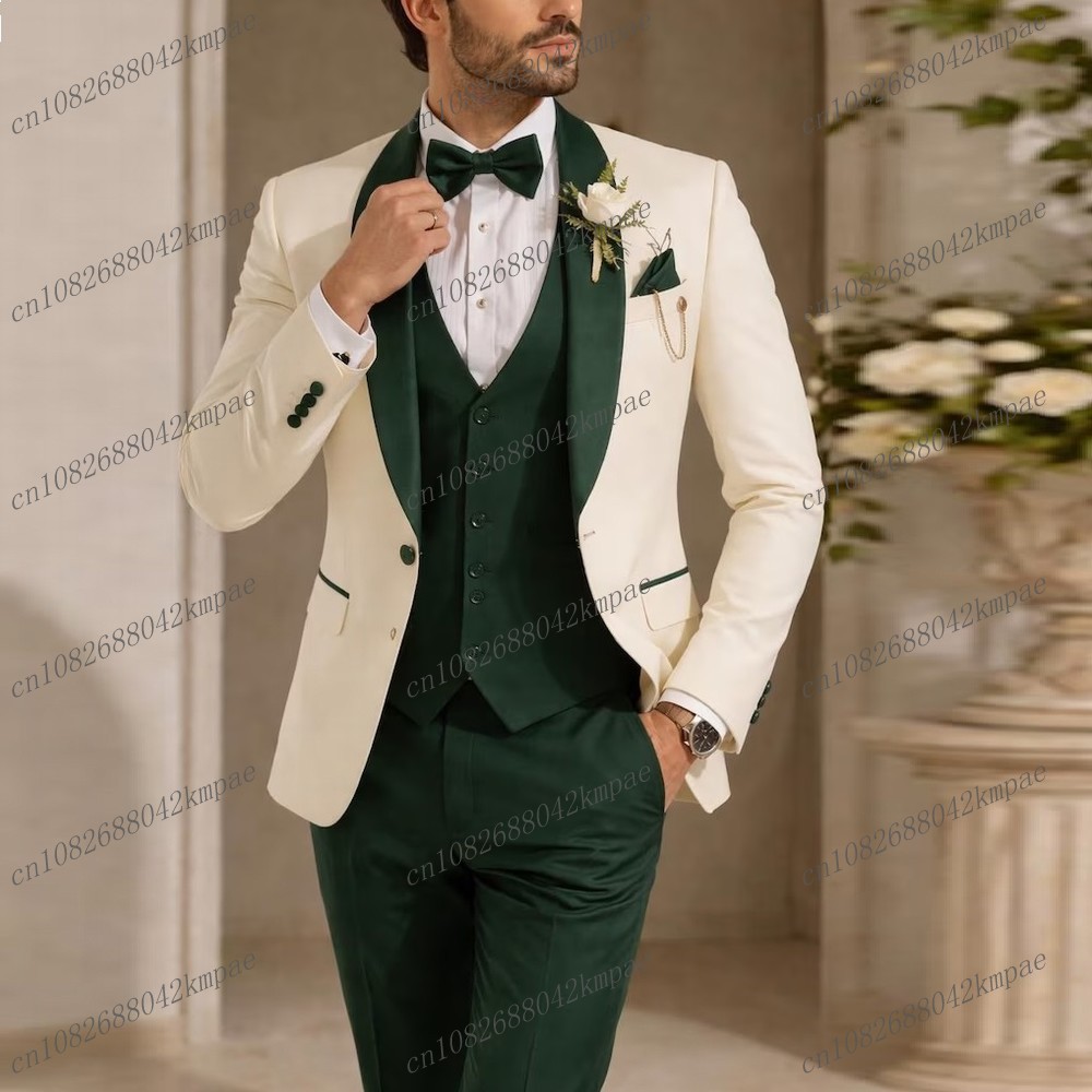 Men'S Grooming Jacket - New Ivory And Dark Green Formal
