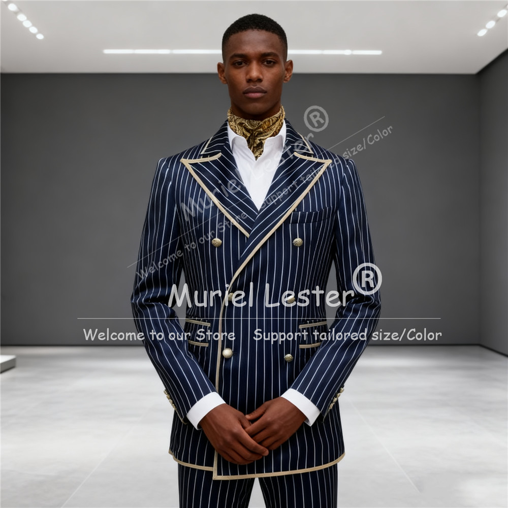 Navy Striped Men Suits Peak La - Men'S Grooming Jacket ulasan dan harga
